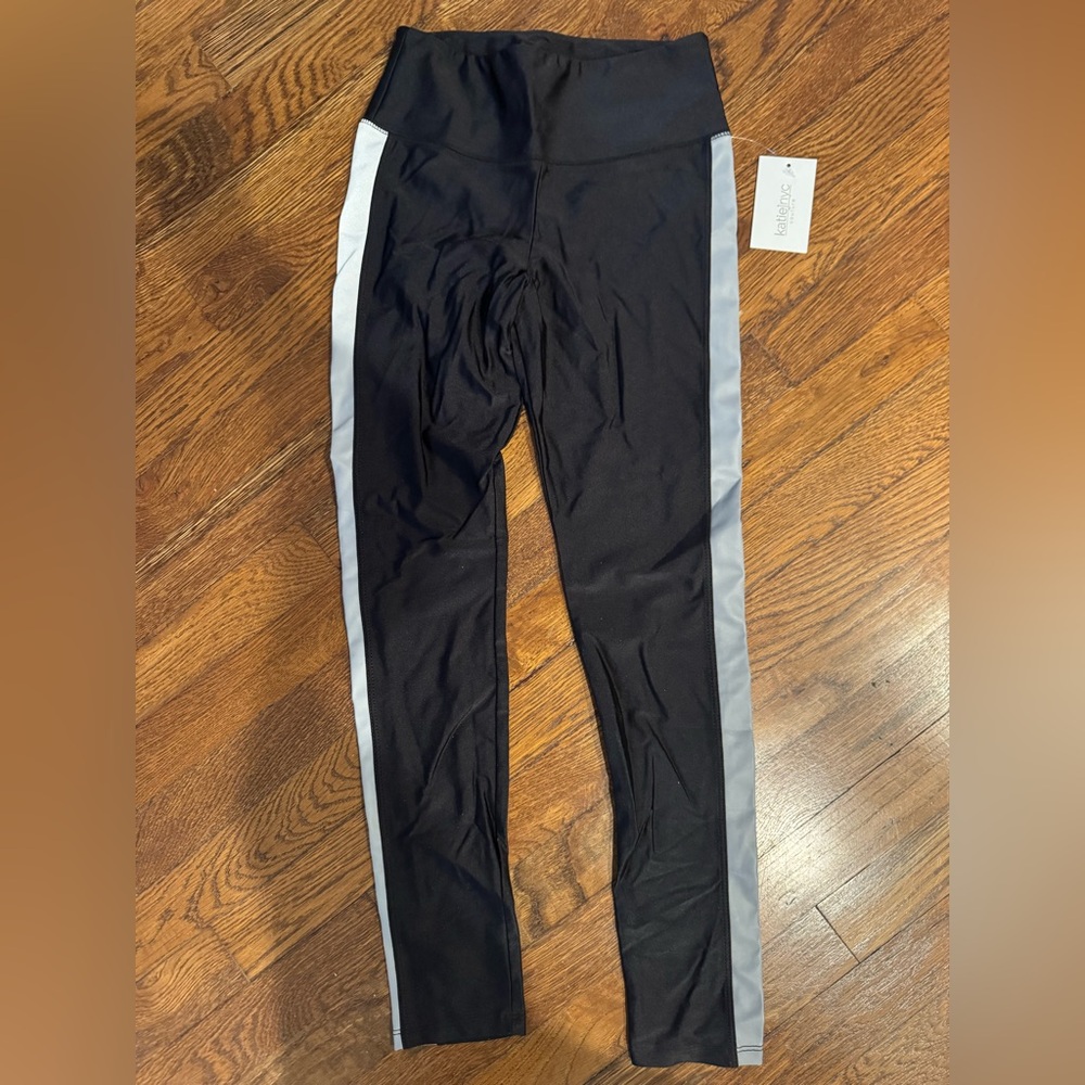 Katie J NYC Black Leggings with Gray Stripes